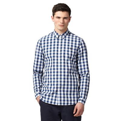 Blue gingham check print button-down shirt